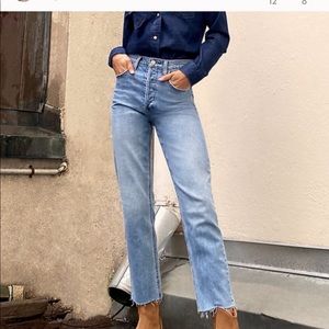 Denim Forum The Arlo High Rise Straight Raw Hem